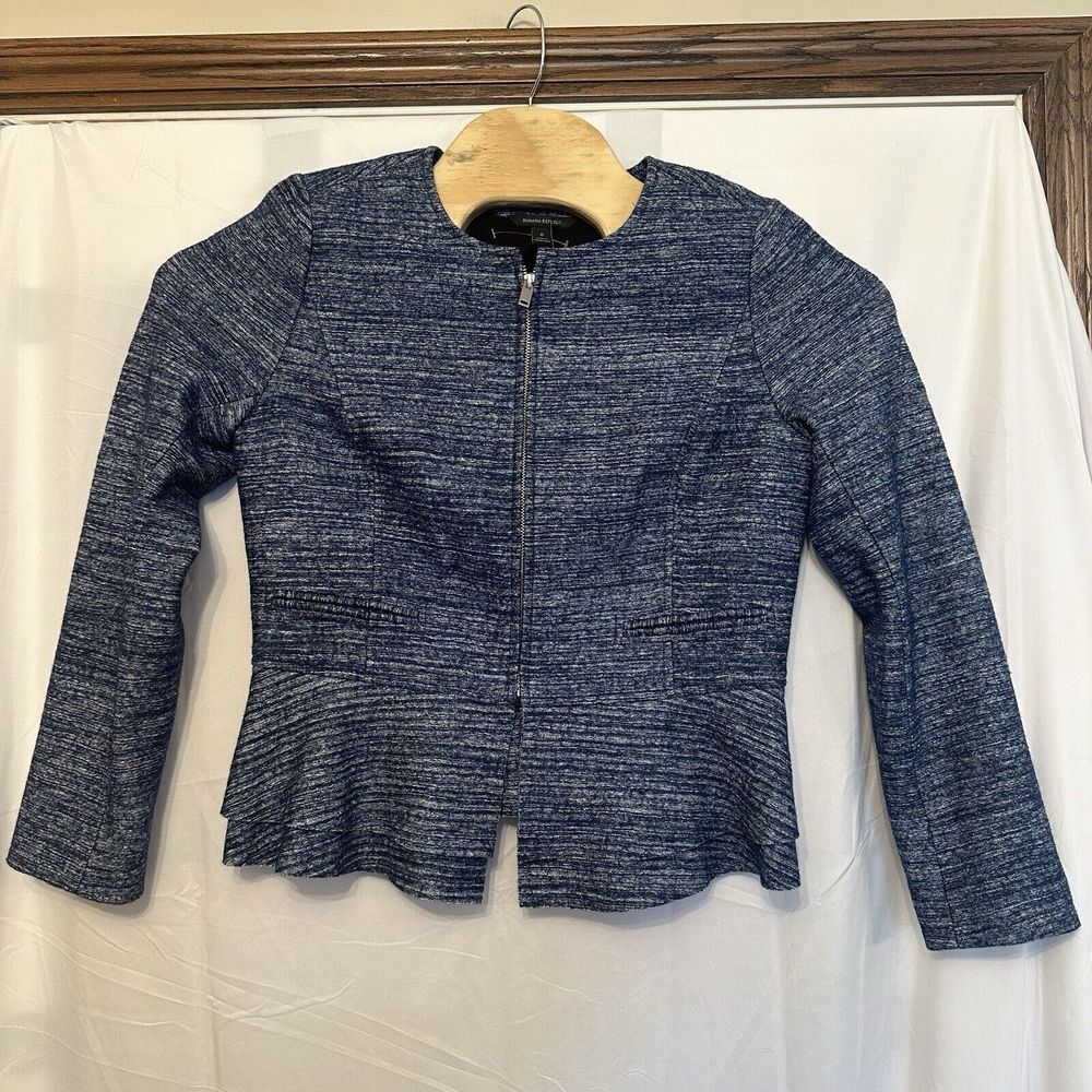 Banana Republic Womens‎ Size 8 Blue Wool Blend Full Zip Jacket Blazer Ruffle Hem